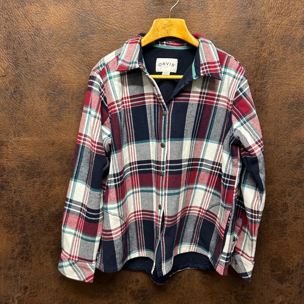 Orvis XXL Plaid Lined Snap Closure Shirt Long Sleeve Navy Burgundy Seam Pockets